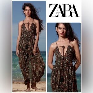 New Zara $89 Metallic Thread Printed Boho Strappy Maxi Dress Medium 7521/221